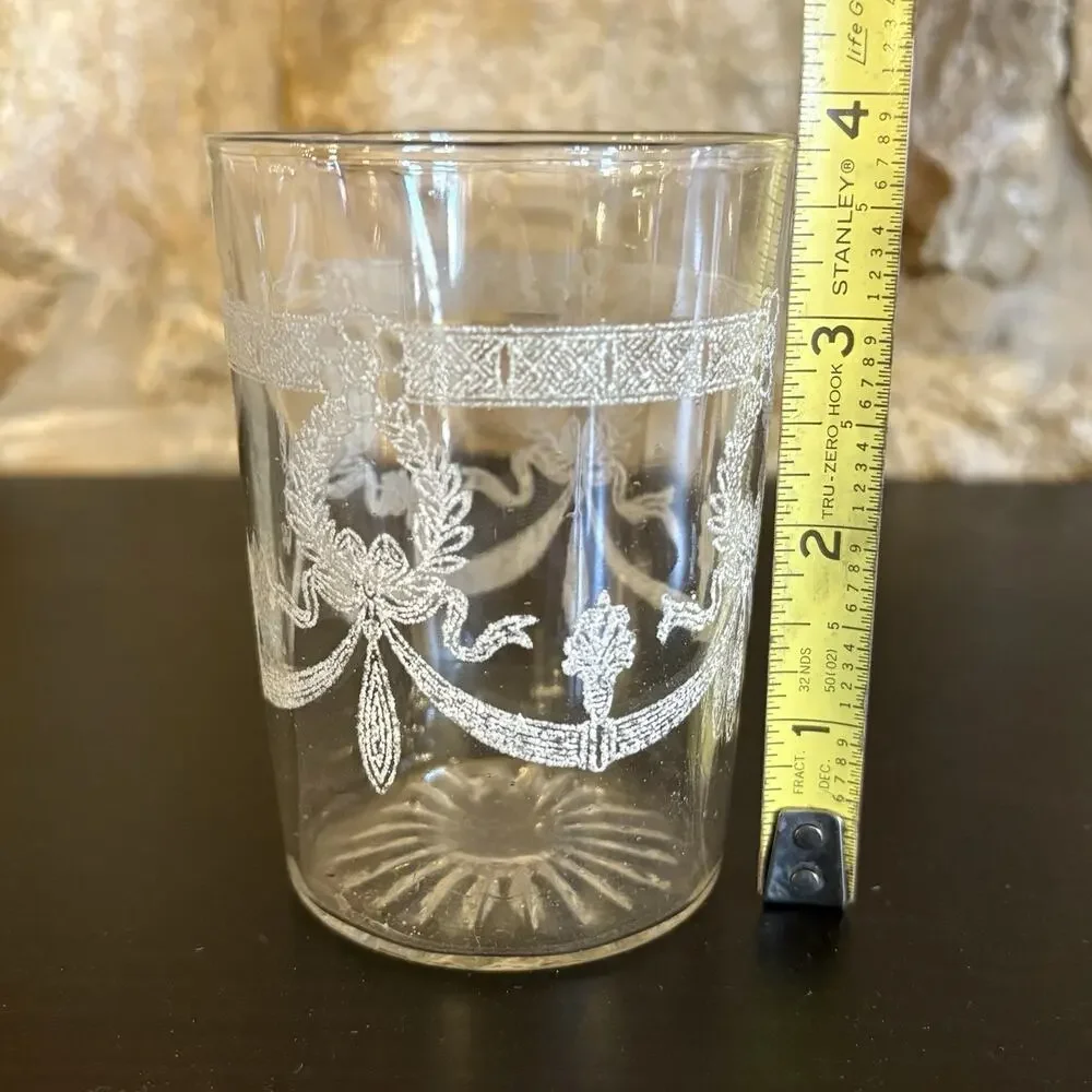 Vintage White Enamel Bow Swag Garland Juice Glass Tumblers Optic Panel Set of 6